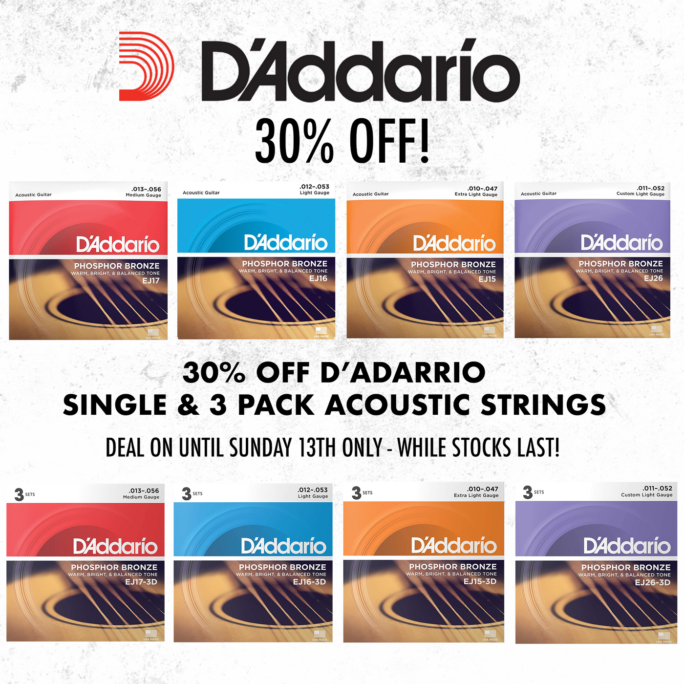 30% off D'Addario Acoustic Packs & 3 Packs