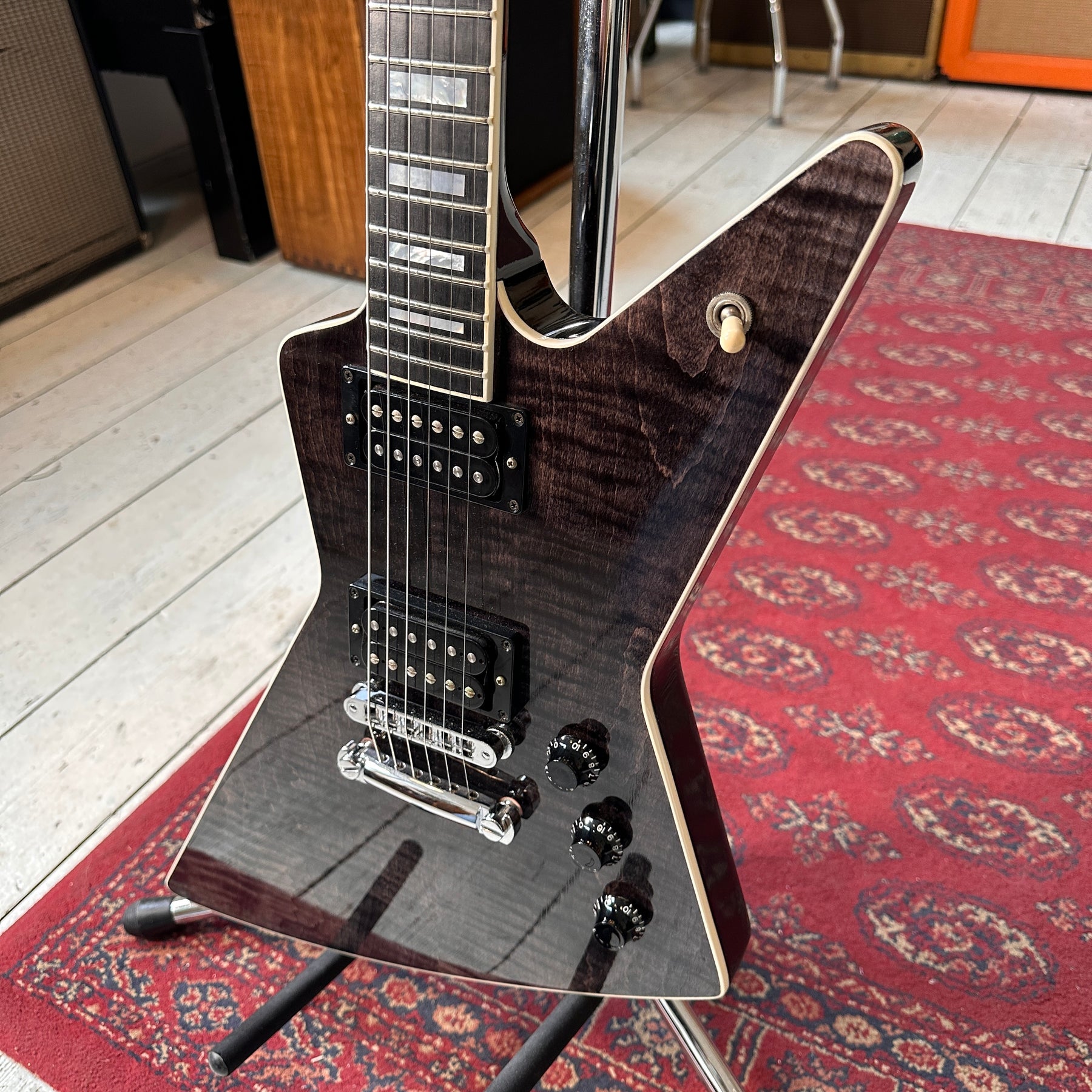 2003 Gibson Explorer Pro With Ebony Fingerboard And OHSC - Flame Maple Top Trans Black - Preowned