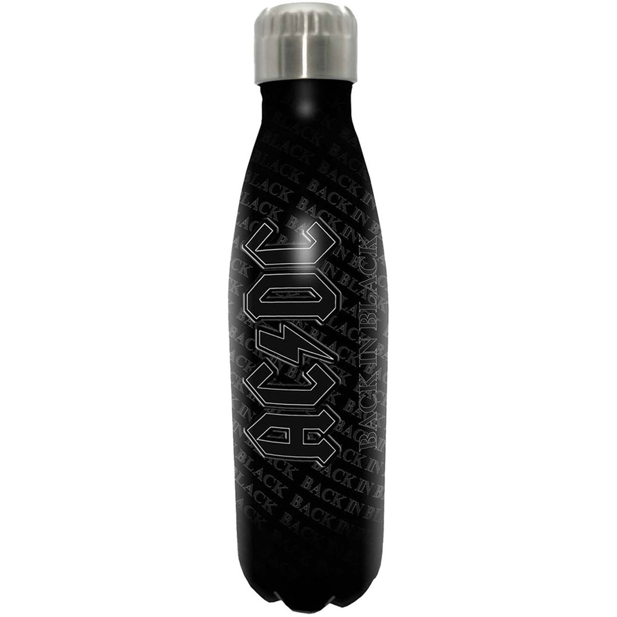 Black water drinks bottle with AC/DC logo and text on a white background