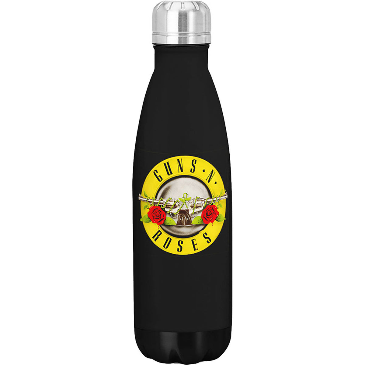 Black insulated bottle with Guns N' Roses logo on a white background