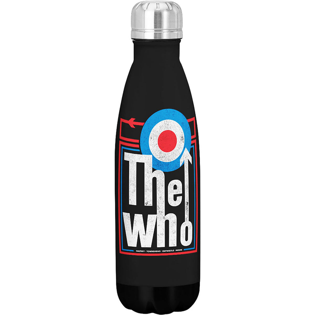 Black water bottle with 'The Who' logo on a white background