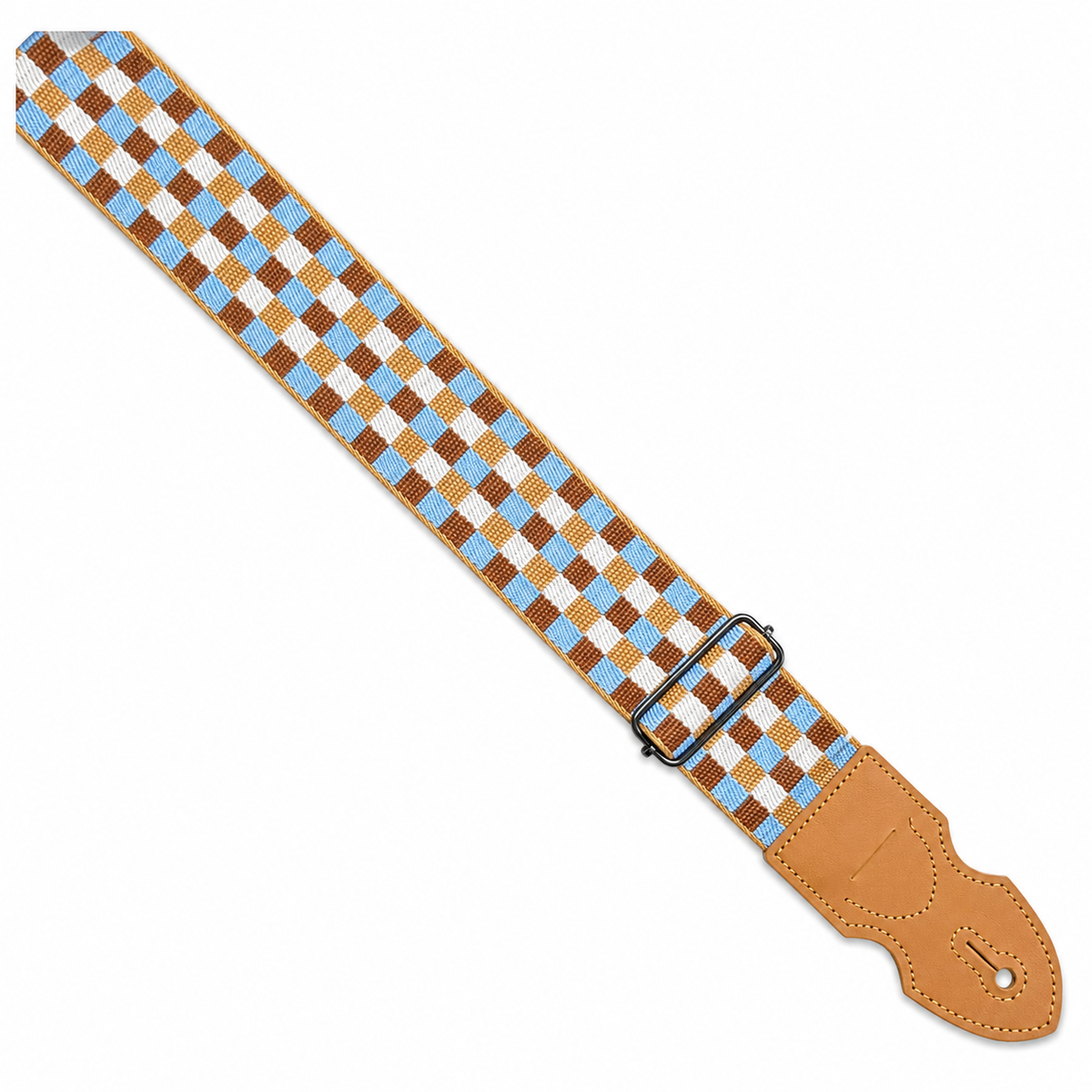 Guitarbitz Jacquard 2 Inch Vegan Guitar Strap - Checked Blue, Cream, Brown
