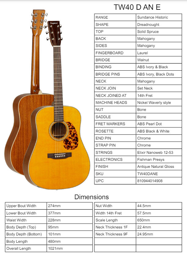 Tanglewood TW40DANE Sundance Historic Dreadnought Electro Acoustic Guitar