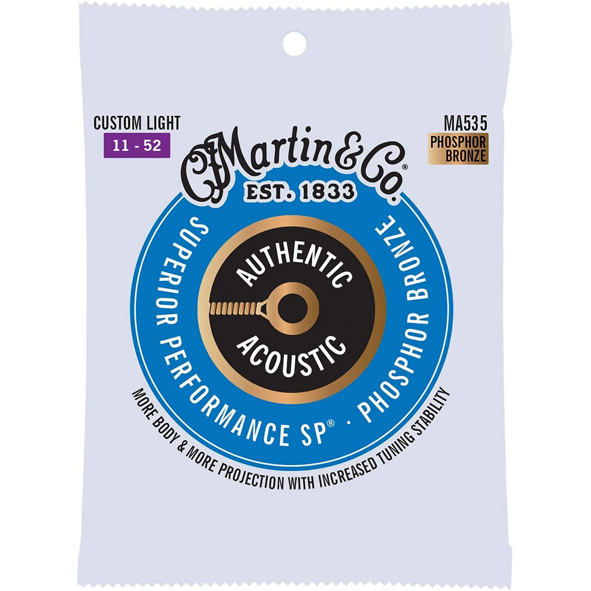 Martin Strings MA535 Phosphor Bronze Authentic Acoustic Guitar Strings Custom Light 11-52