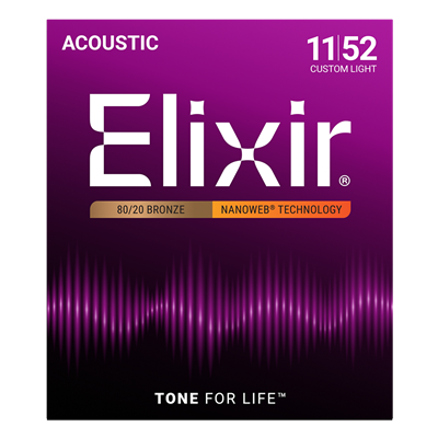 Elixir 11027 Nanoweb Coated 80/20 Bronze Acoustic Guitar Strings Custom Light 11-52