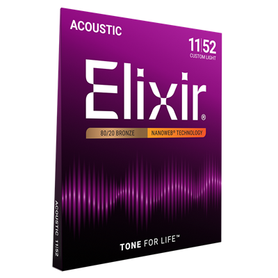 Elixir 11027 Nanoweb Coated 80/20 Bronze Acoustic Guitar Strings Custom Light 11-52