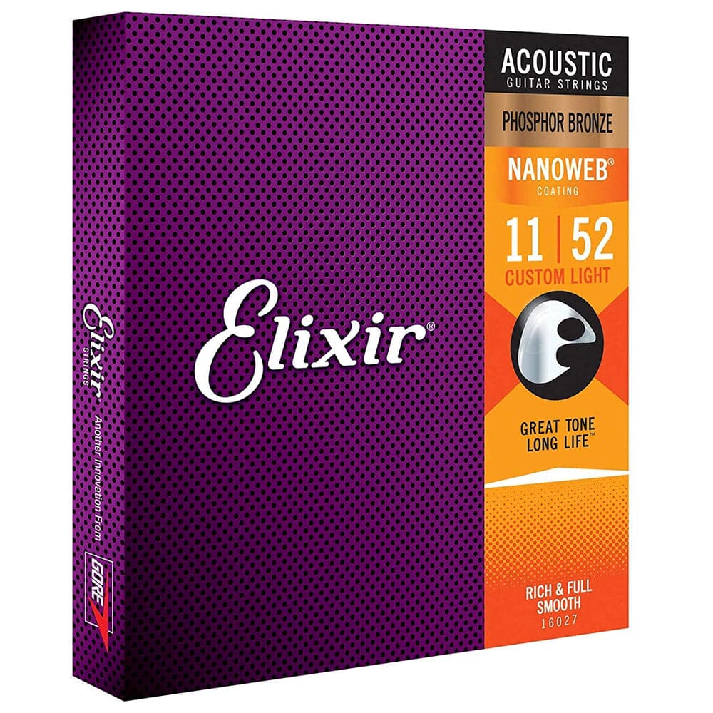 Elixir 16027 Nanoweb Coated Phosphor Bronze Acoustic Guitar Strings Custom Light 11-52