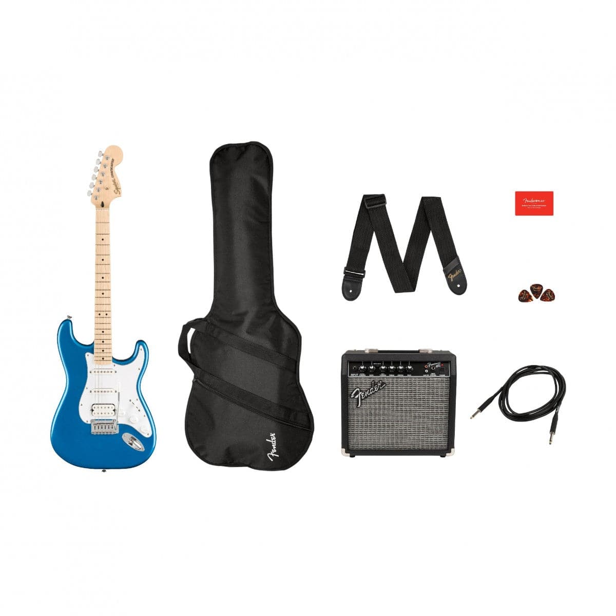 Squier Affinity Stratocaster Electric Guitar Package HSS - Guitar, Amp, Cable, Strap, Picks & Lessons - Lake Placid Blue