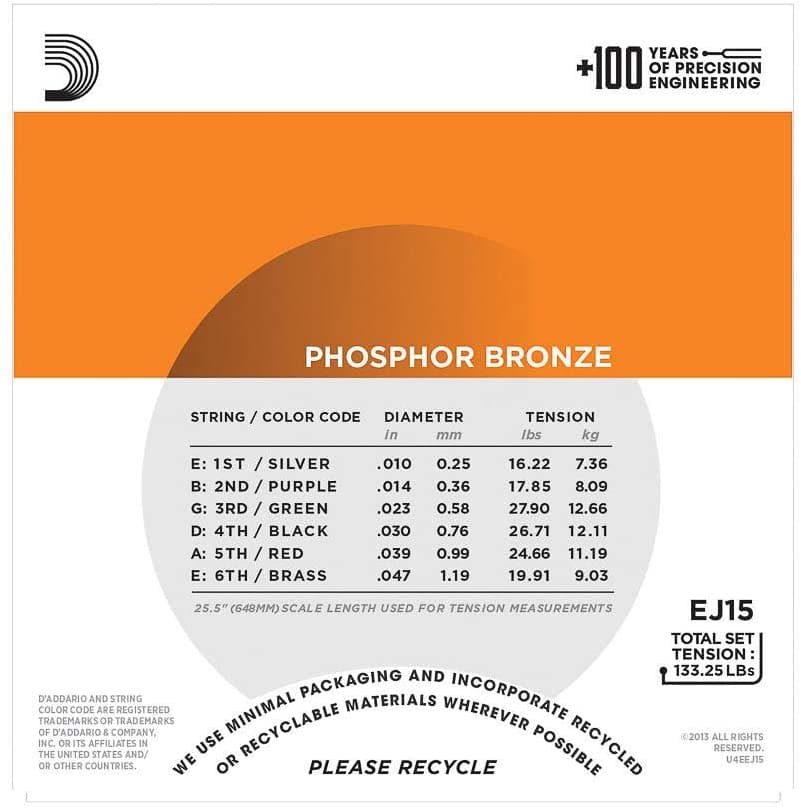 D'Addario EJ15 Phosphor Bronze Acoustic Guitar Strings Extra Light 10-47