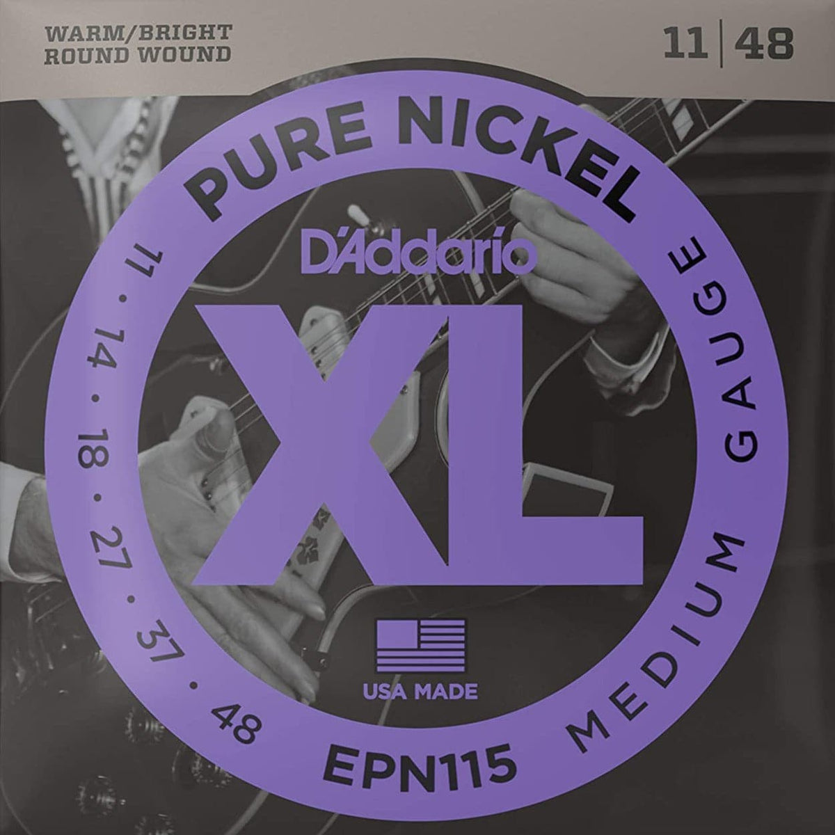 D'Addario EPN115 Pure Nickel Electric Guitar Strings - Blues/Jazz Rock - 11-48