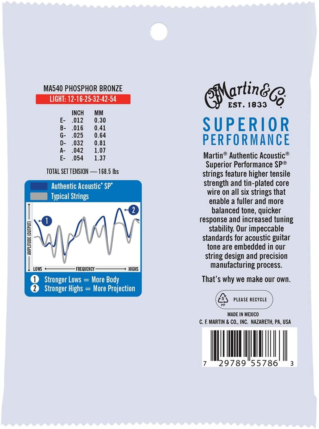Martin Strings MA540 Phosphor Bronze Authentic Acoustic Guitar Strings Light 12-54