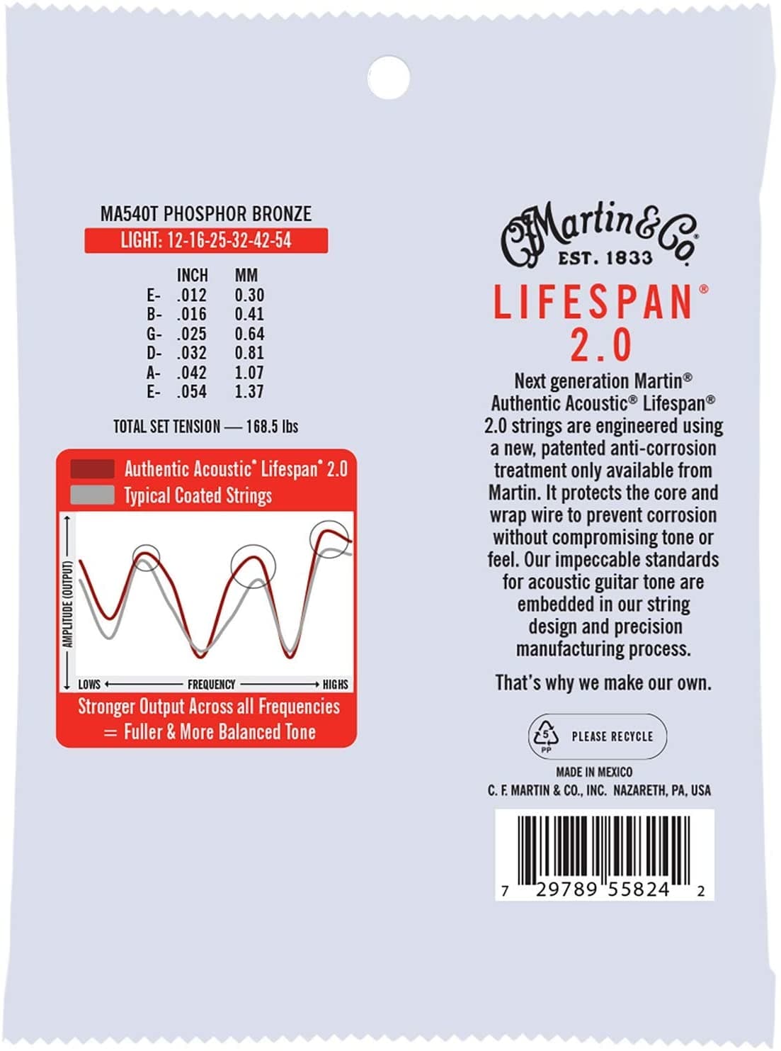 Martin Strings MA540T Authentic Acoustic Lifespan Phosphor Bronze Guitar Strings Light - 12-54