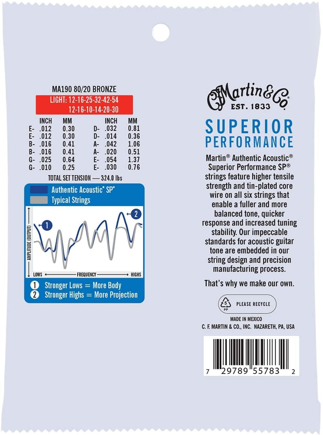 Martin Strings MA190 80/20 Bronze Authentic Acoustic Guitar Strings 12 String Light 12-54