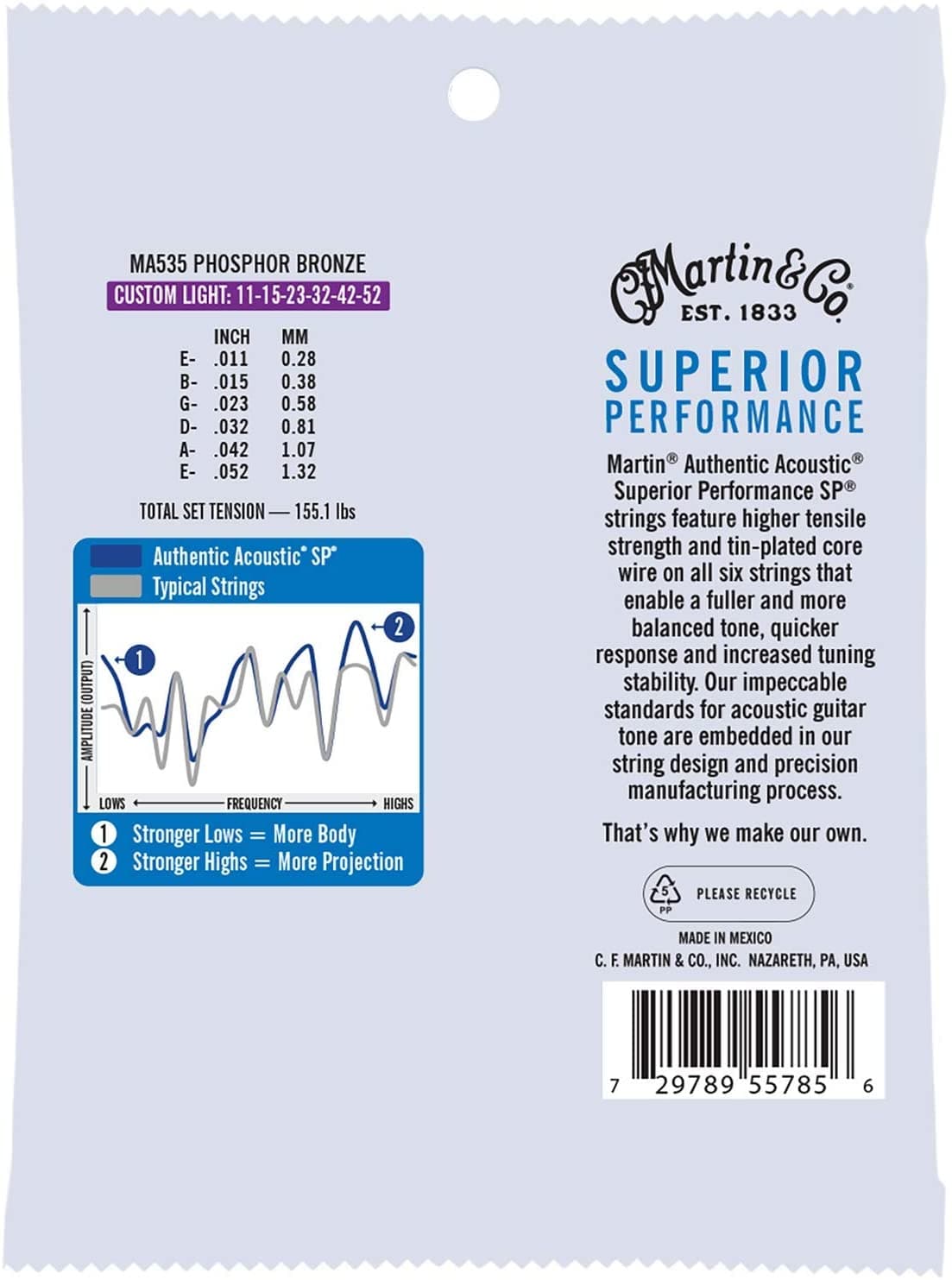 Martin Strings MA535 Phosphor Bronze Authentic Acoustic Guitar Strings Custom Light 11-52