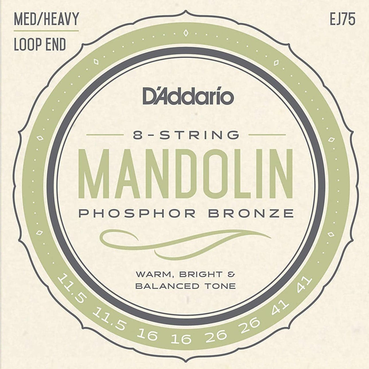 D'Addario EJ75 8-String Phosphor Bronze Mandolin Strings Loop End - Med/Heavy - 11.5 - 41