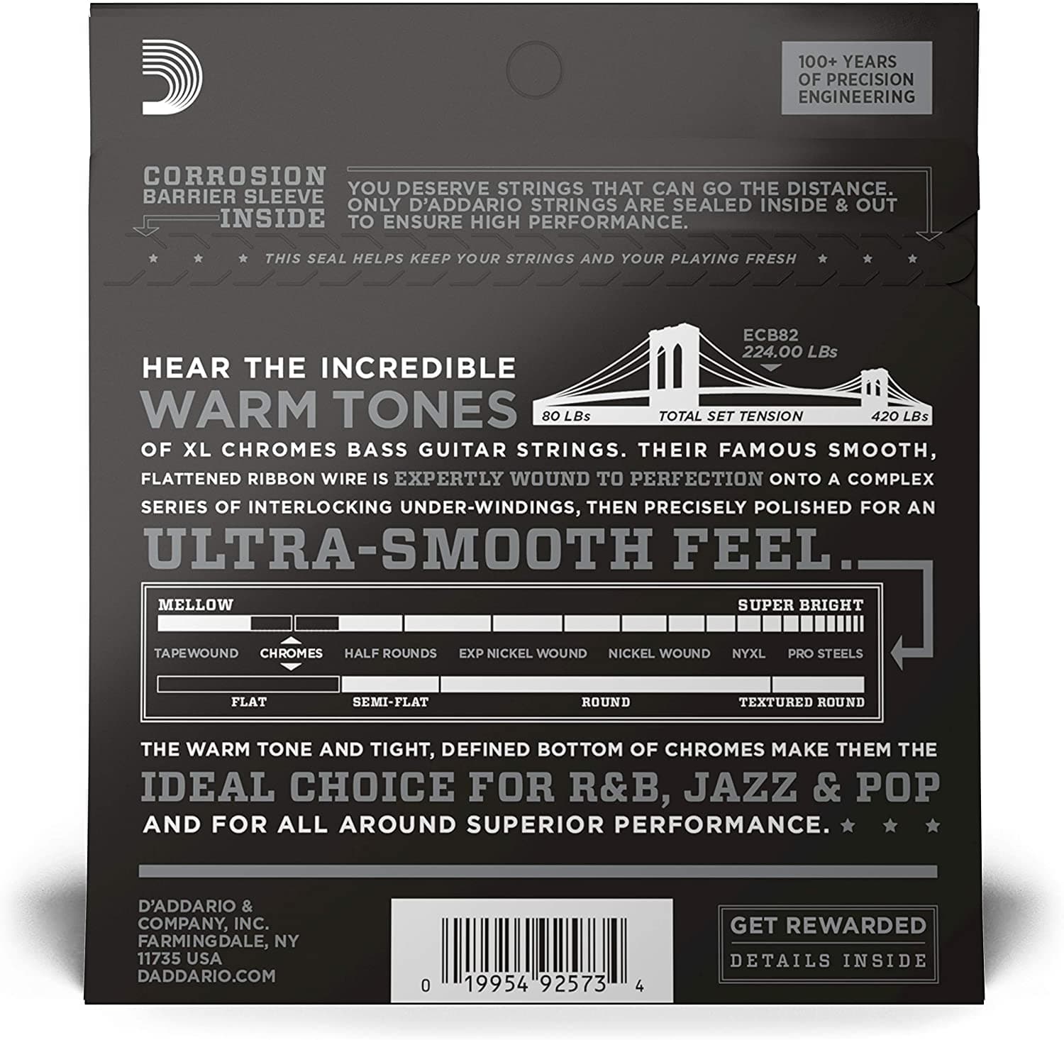 D'Addario ECB82 Chromes Flatwound Bass Guitar Strings - Medium - 50-105