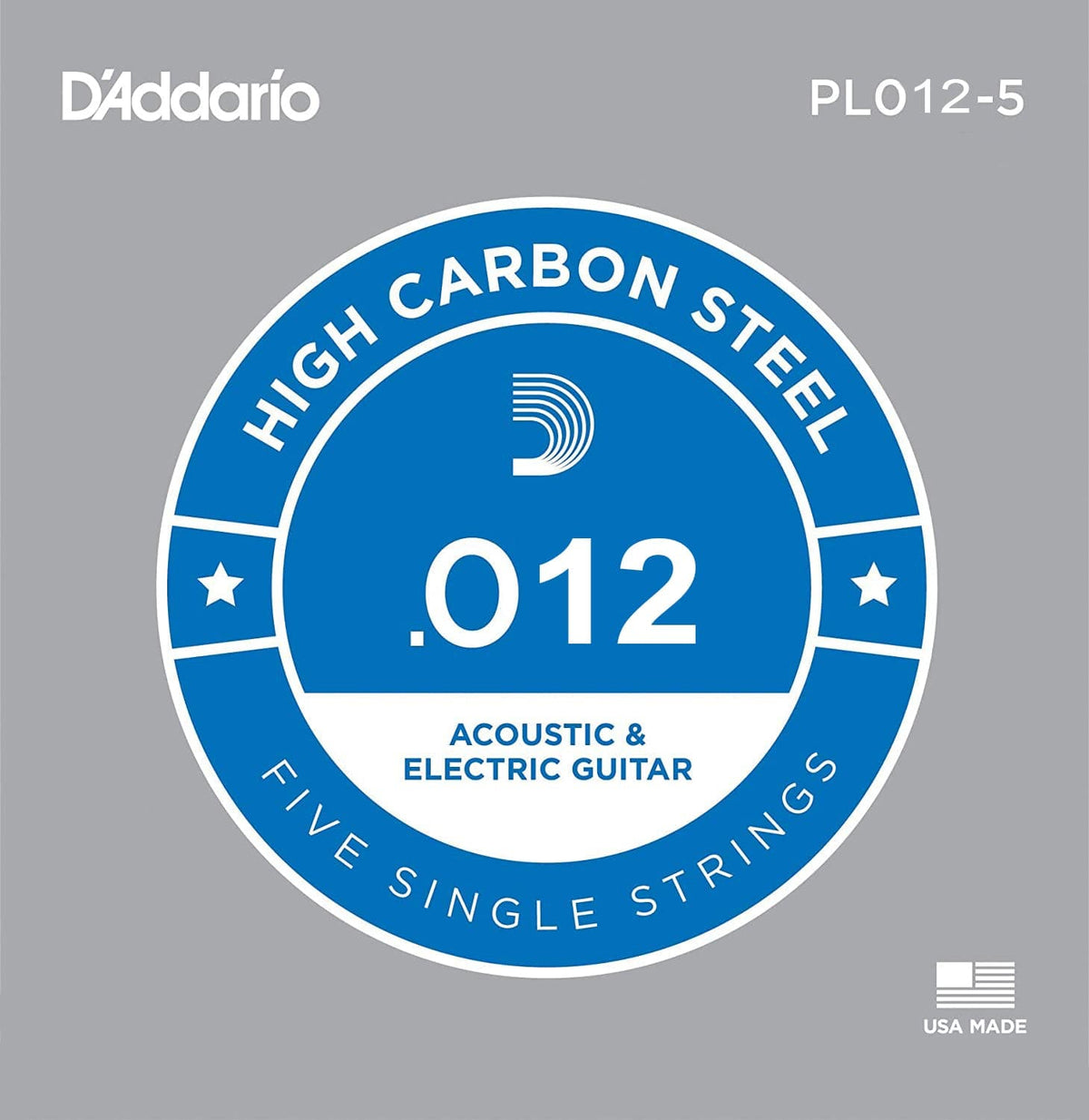 D'Addario 5x Plain Steel Guitar Strings .012 for Electric & Acoustic