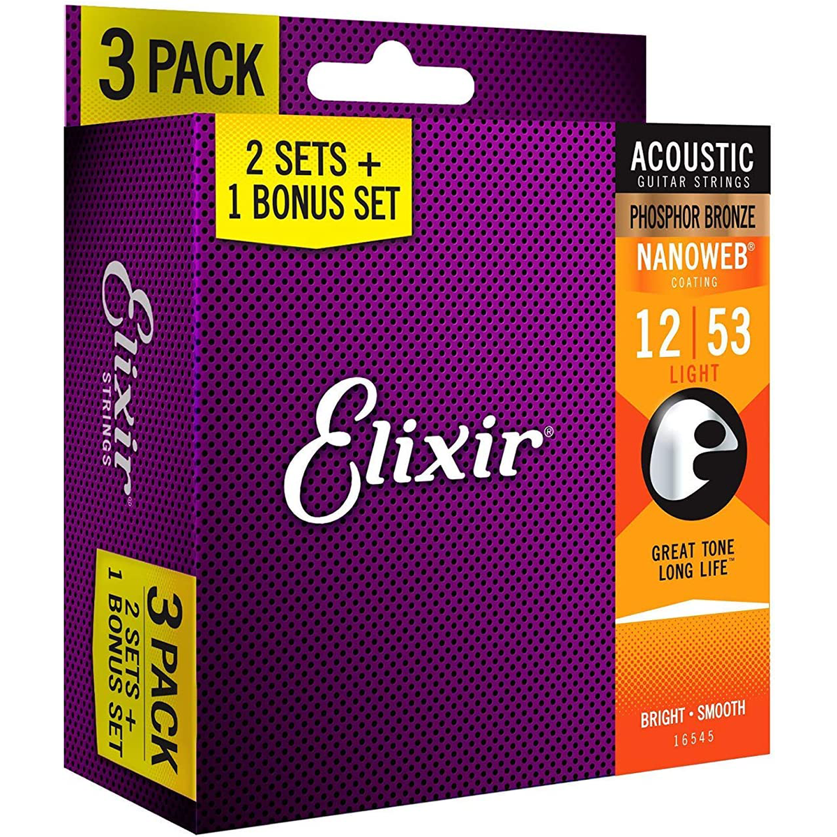 Elixir 16545 3-Pack Nanoweb Phosphor Bronze Acoustic Guitar Strings