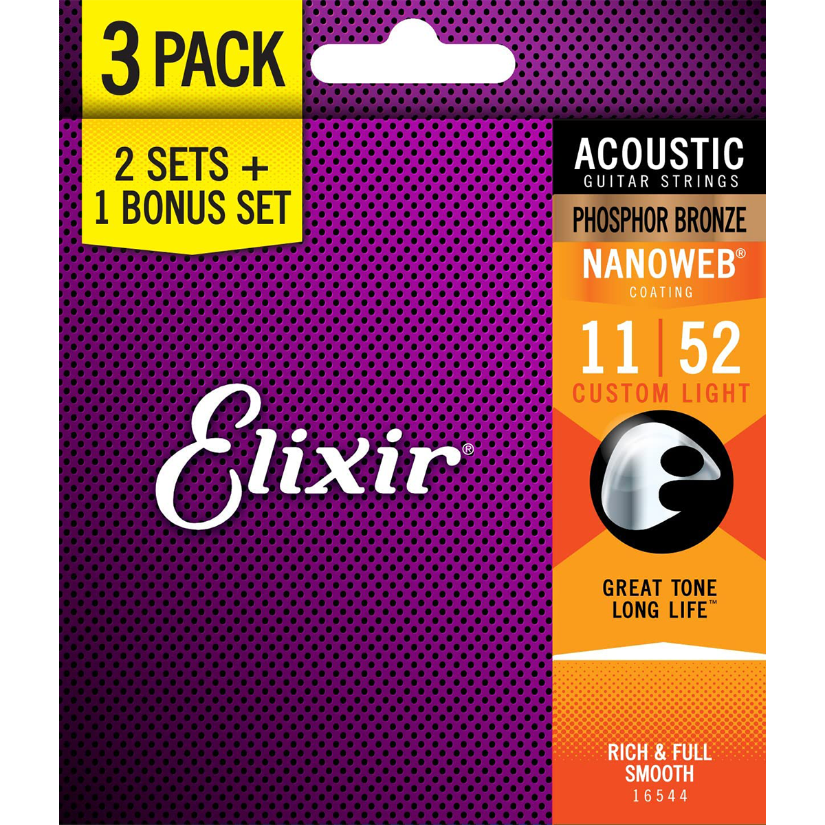 Elixir 16544 3-Pack Nanoweb Phosphor Bronze Acoustic Guitar Strings