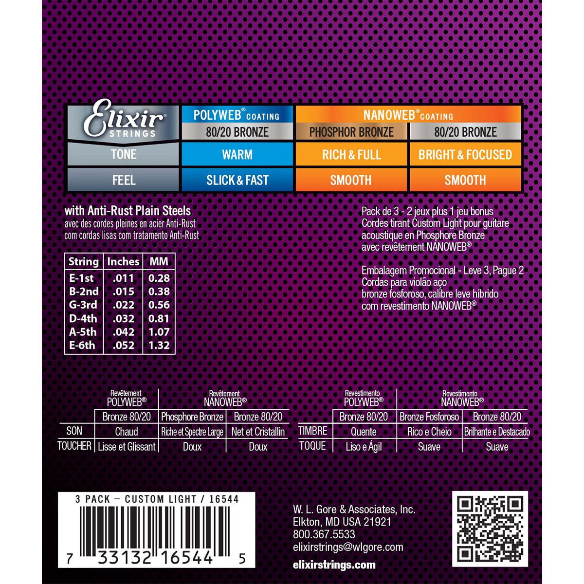 Elixir 16544 3-Pack Nanoweb Phosphor Bronze Acoustic Guitar Strings