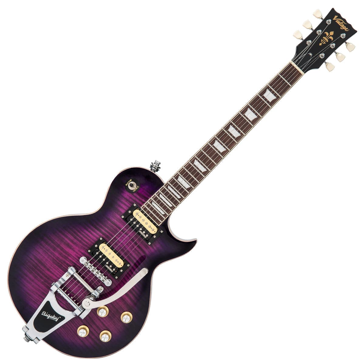 Vintage V100 ReIssued Electric Guitar w/Bigsby ~ Flamed Purpleburst