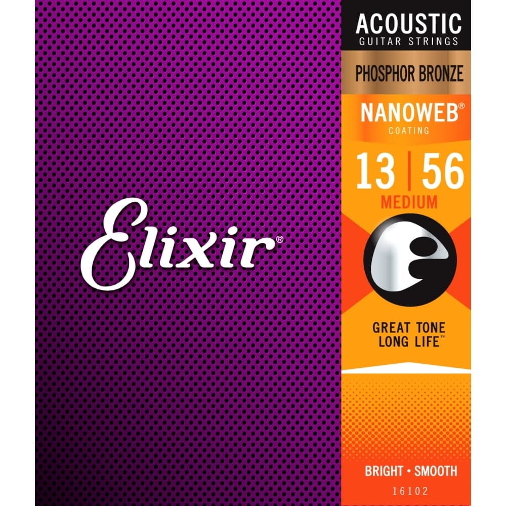 Elixir 16102 Nanoweb Coated Phosphor Bronze Acoustic Guitar Strings Medium 13-56