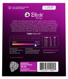 Elixir 11002 Nanoweb Coated 80/20 Bronze Acoustic Guitar Strings Extra Light 10-47