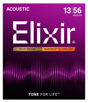 Elixir 16102 Nanoweb Coated Phosphor Bronze Acoustic Guitar Strings Medium 13-56