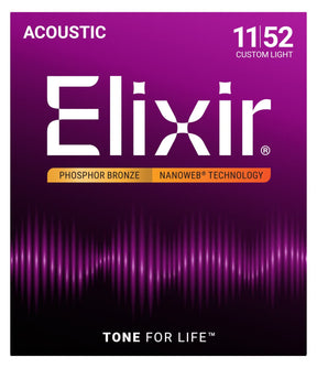 Elixir 16027 Nanoweb Coated Phosphor Bronze Acoustic Guitar Strings Custom Light 11-52