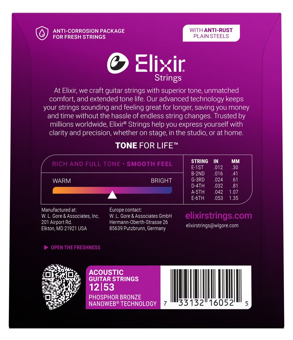 Elixir 16052 Nanoweb Coated Phosphor Bronze Acoustic Guitar Strings Light 12-53