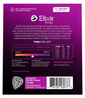 Elixir 16077 Nanoweb Coated Phosphor Bronze Acoustic Guitar Strings Light Medium 12-56
