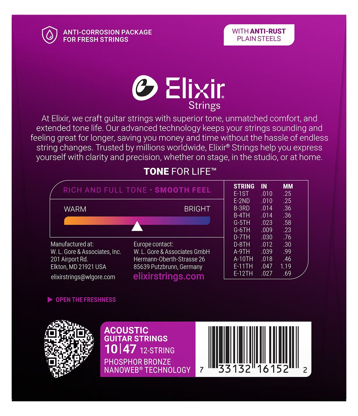Elixir 16152 Nanoweb Coated Phosphor Bronze 12-String Acoustic Guitar Strings Light 10-47