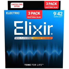 Elixir 16540 3-Pack Nanoweb Super Light Coated Electric Strings 09-42