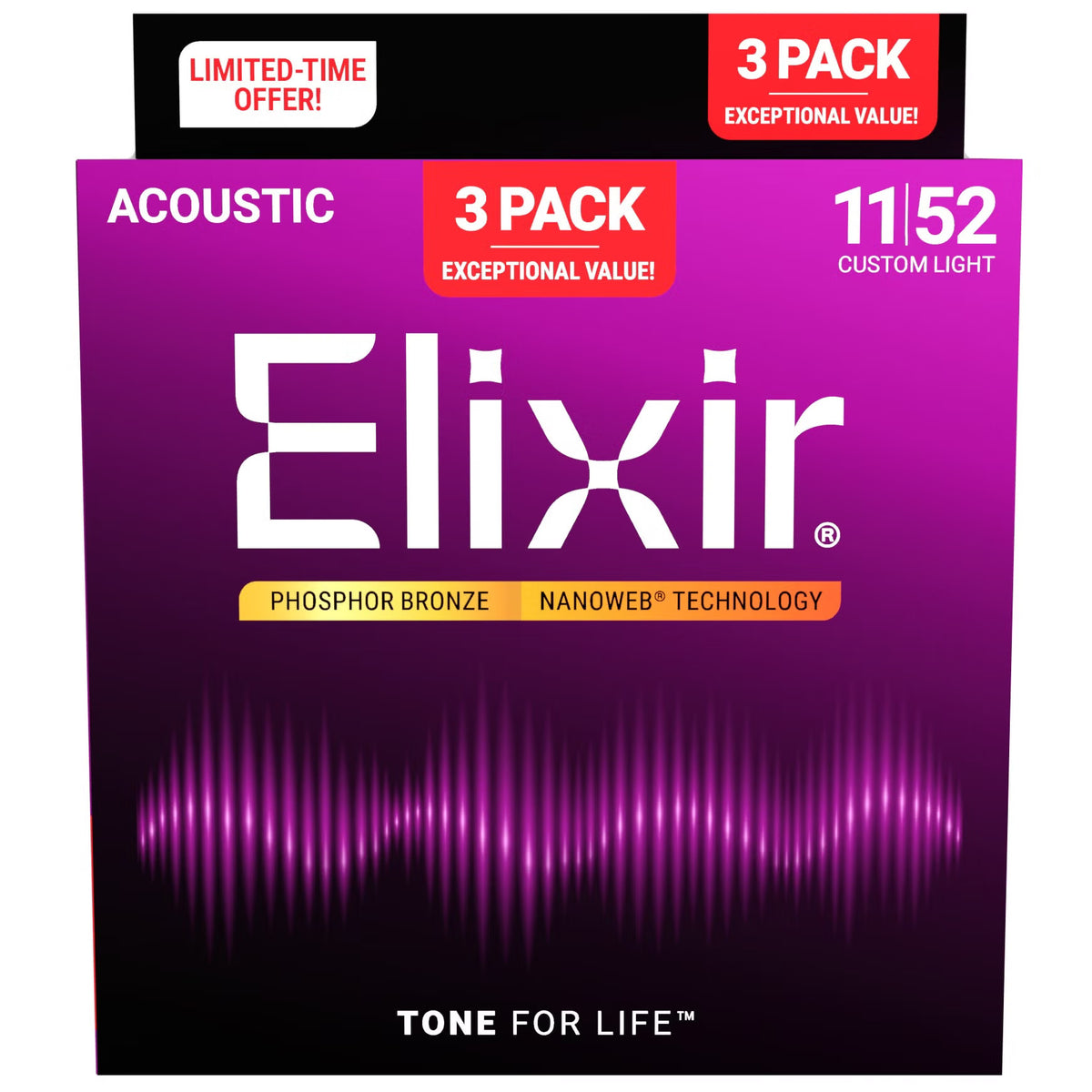 Elixir 3-Pack Nanoweb Coated Phosphor Bronze Acoustic Guitar Strings - 11-52 - VALUE PACK