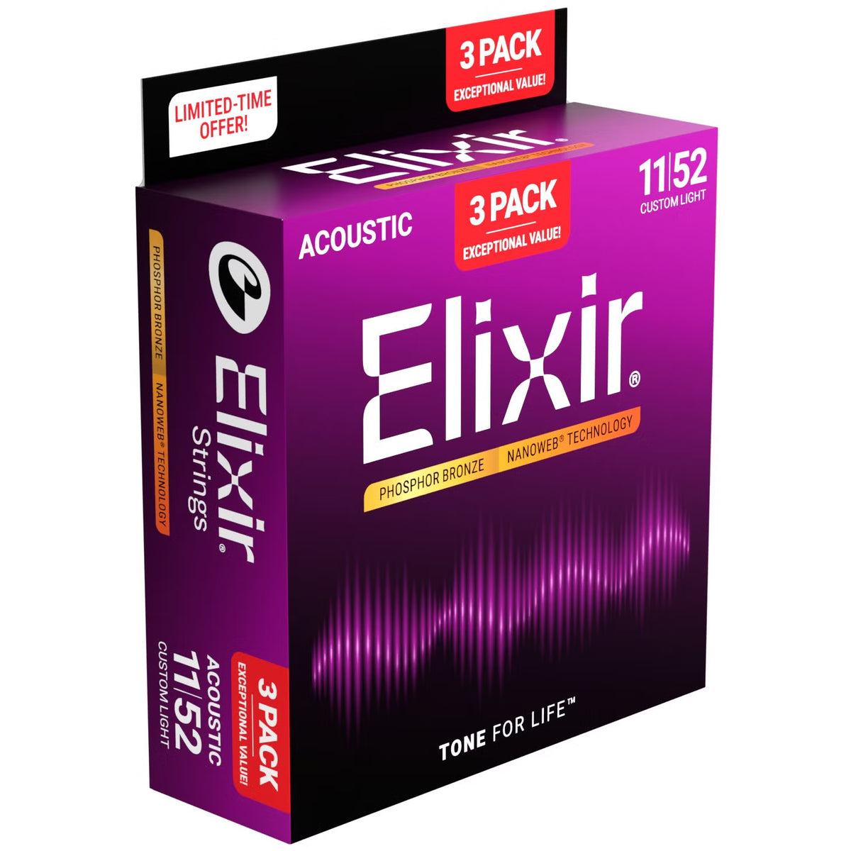 Elixir 3-Pack Nanoweb Coated Phosphor Bronze Acoustic Guitar Strings - 11-52 - VALUE PACK