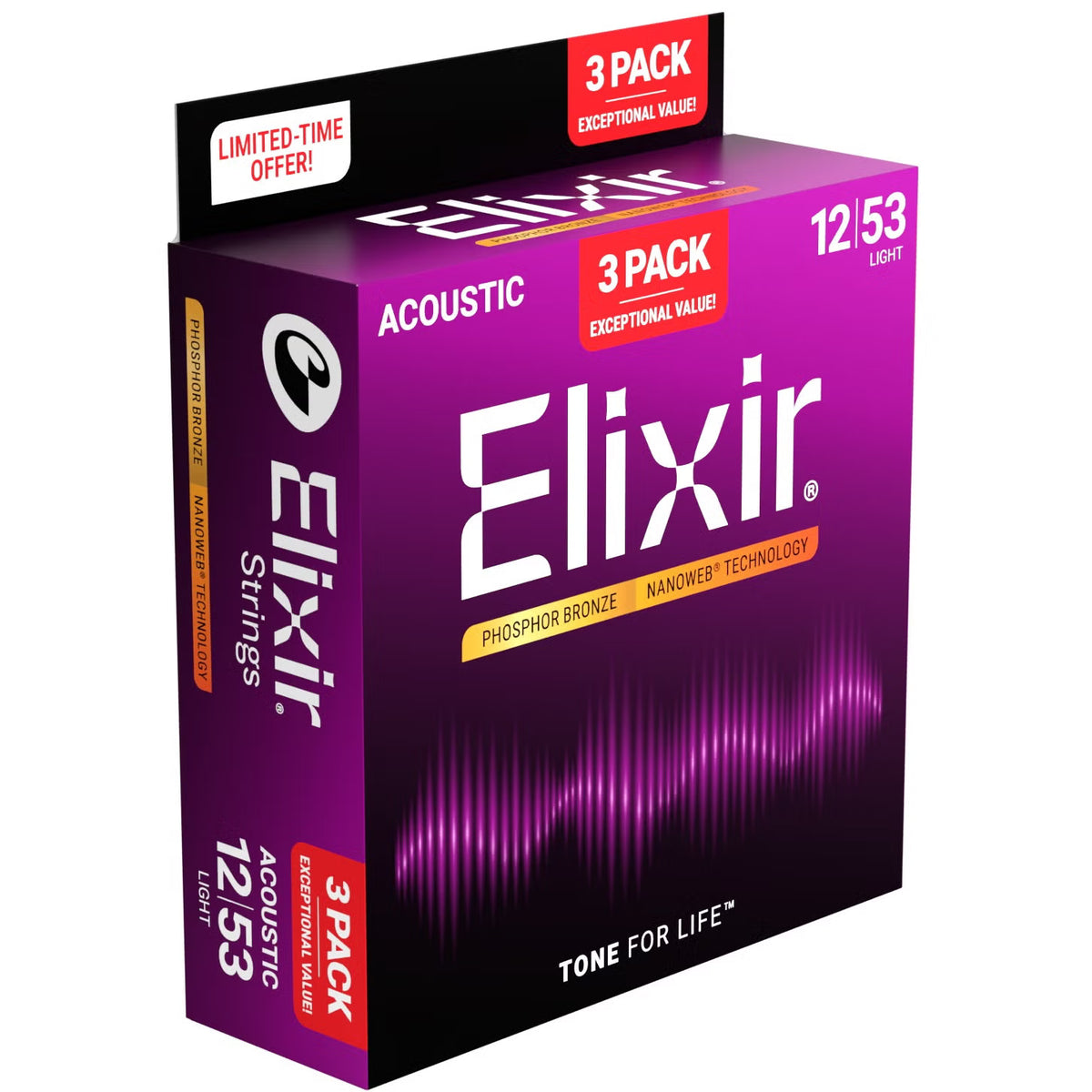 Elixir 3-Pack Nanoweb Coated Phosphor Bronze Acoustic Guitar Strings - 12-53 - VALUE PACK