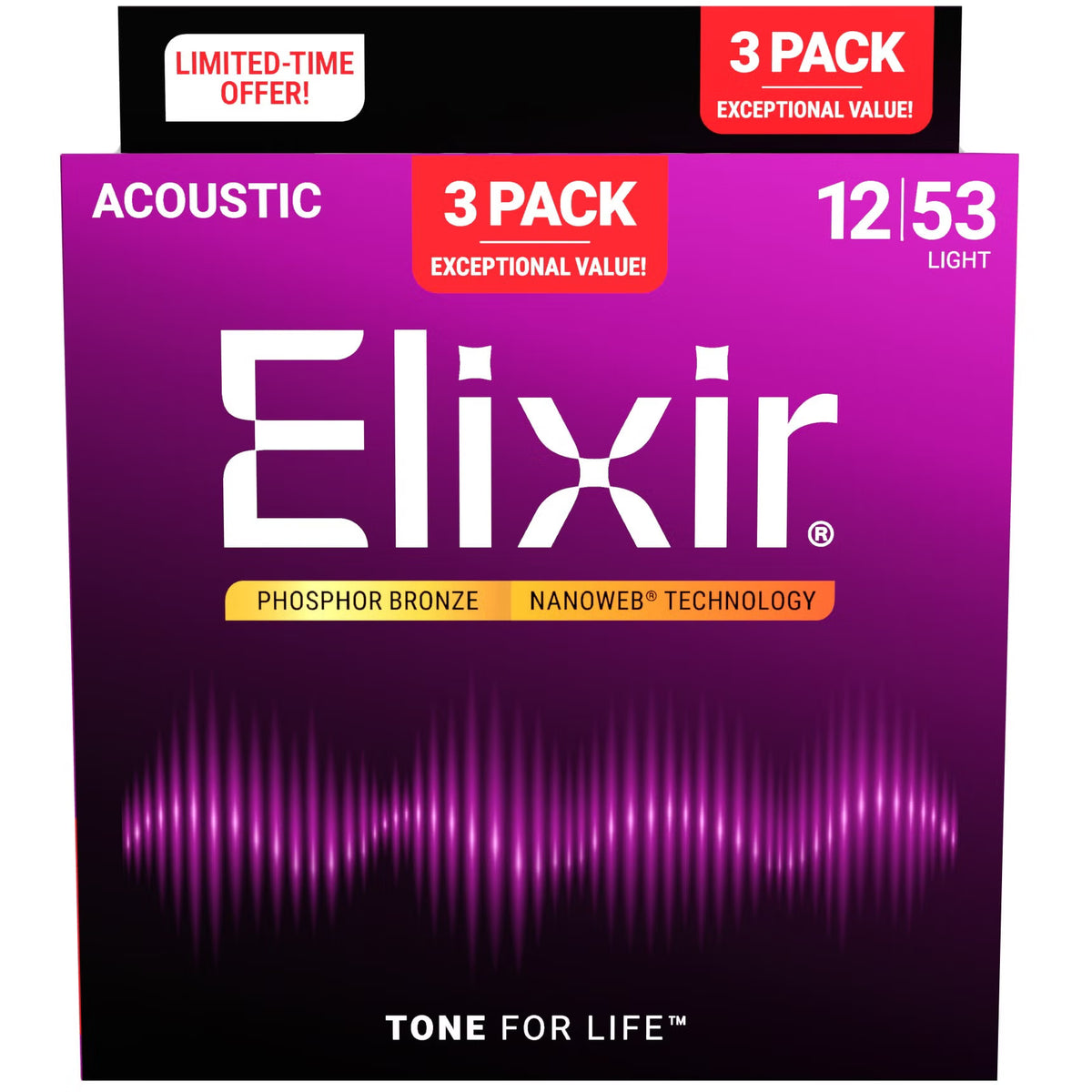 Elixir 3-Pack Nanoweb Coated Phosphor Bronze Acoustic Guitar Strings - 12-53 - VALUE PACK