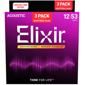 Elixir 3-Pack Nanoweb Coated Phosphor Bronze Acoustic Guitar Strings - 12-53 - VALUE PACK