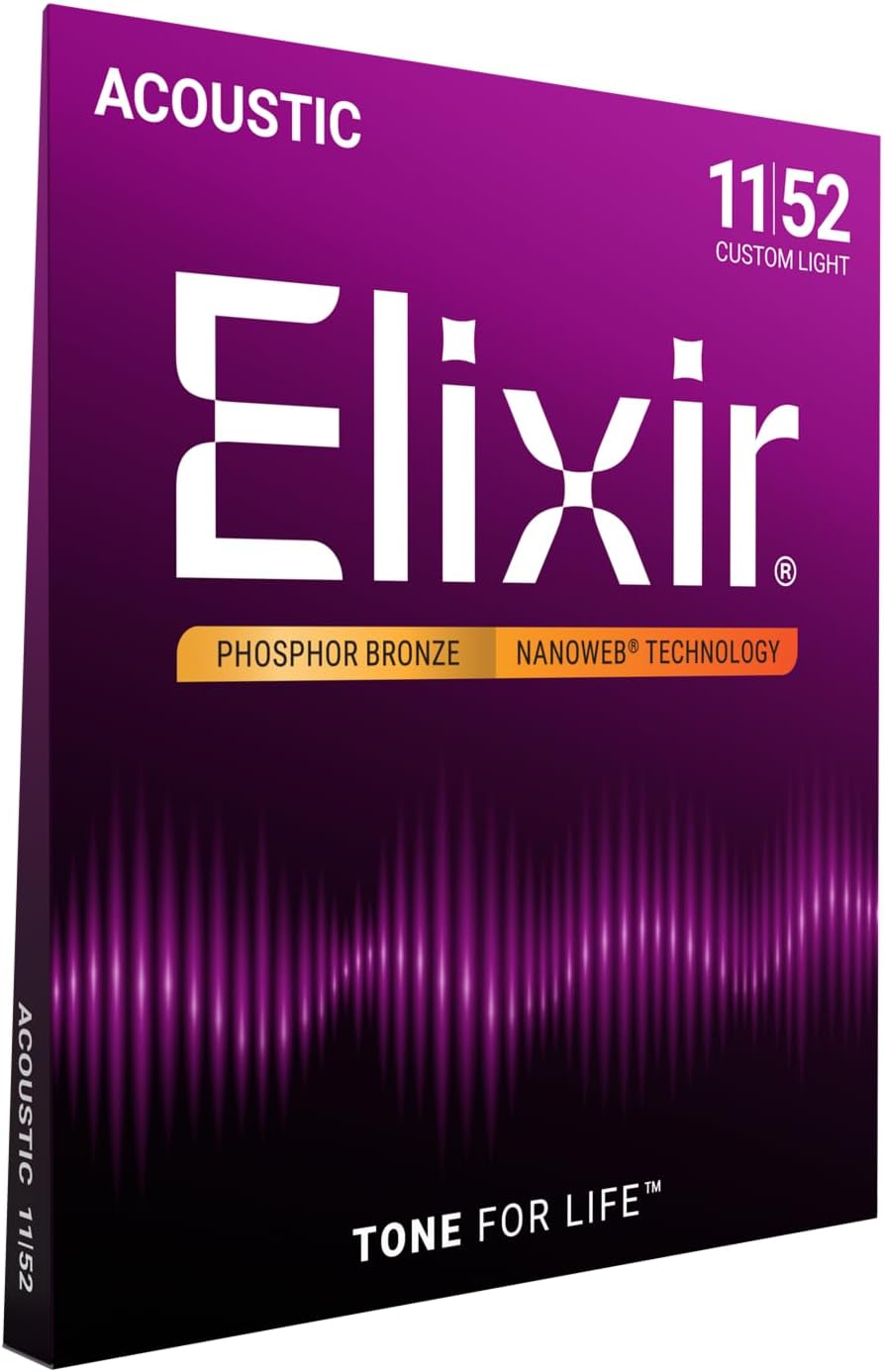 Elixir 16027 Nanoweb Coated Phosphor Bronze Acoustic Guitar Strings Custom Light 11-52