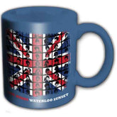 Blue mug with The Kinks Union Jack design and 'Waterloo Sunset' text on a white background