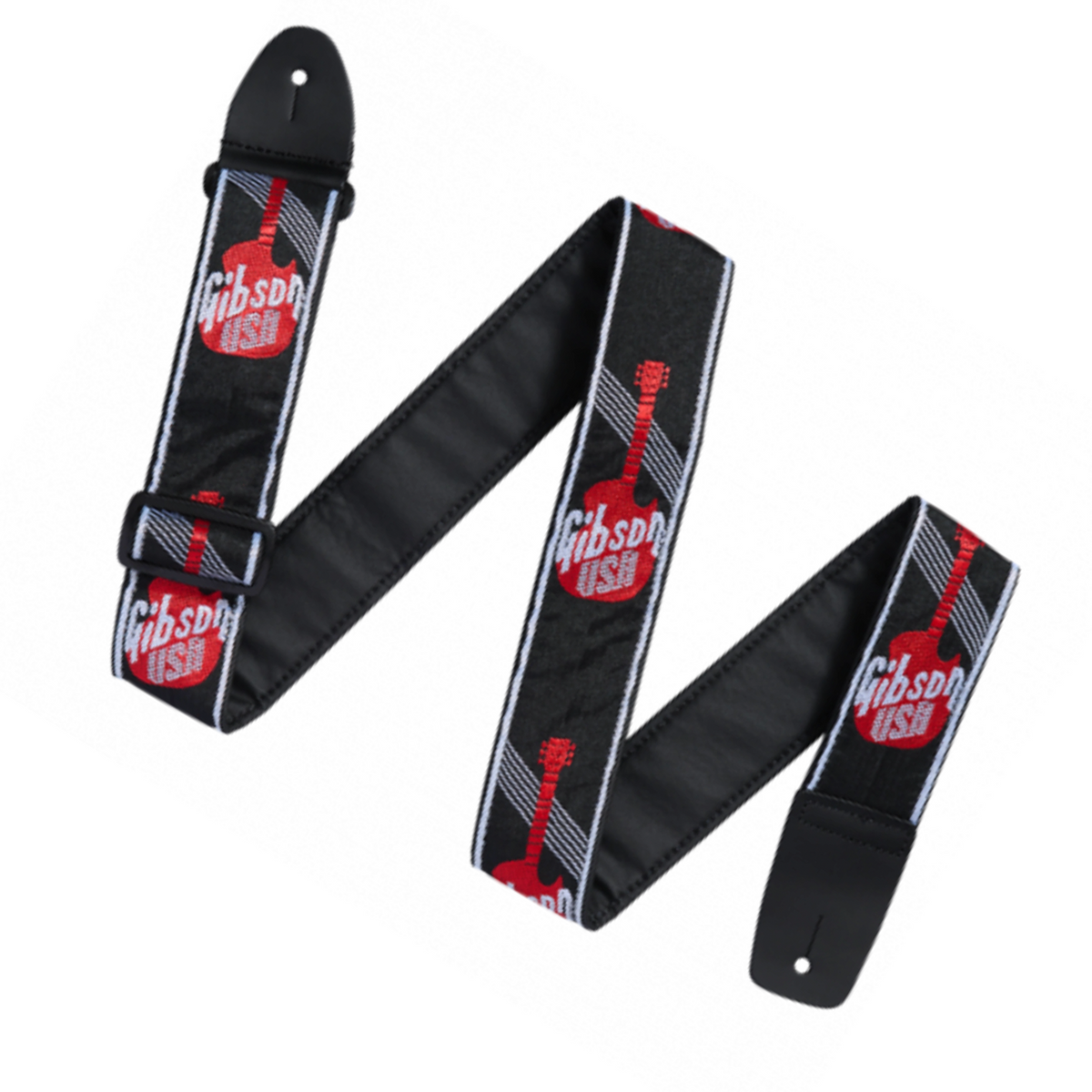 Gibson USA guitar strap with red and white design on a black background