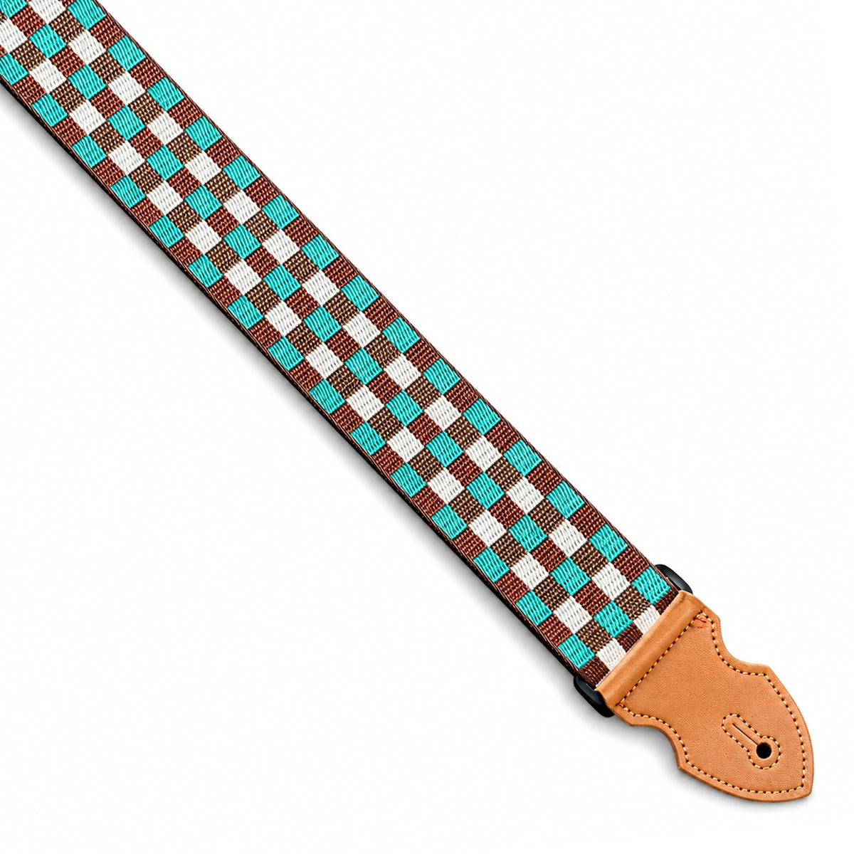 Guitarbitz Jacquard 2 Inch Vegan Guitar Strap - Checked Turquoise, Brown, White