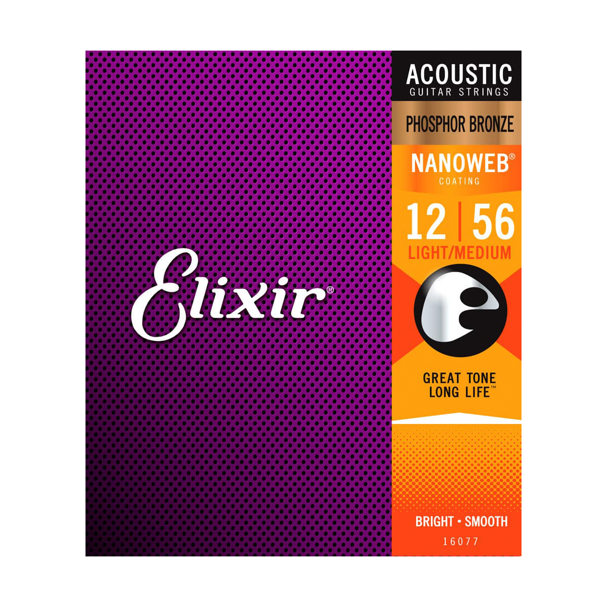 Elixir 16077 Nanoweb Coated Phosphor Bronze Acoustic Guitar Strings Light Medium 12-56