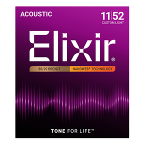 Elixir 11027 Nanoweb Coated 80/20 Bronze Acoustic Guitar Strings Custom Light 11-52
