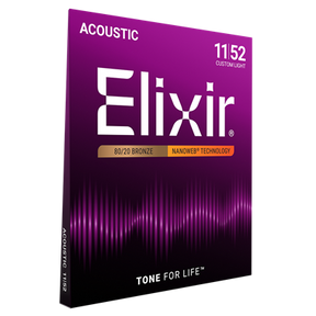 Elixir 11027 Nanoweb Coated 80/20 Bronze Acoustic Guitar Strings Custom Light 11-52