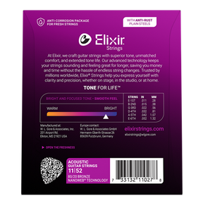 Elixir 11027 Nanoweb Coated 80/20 Bronze Acoustic Guitar Strings Custom Light 11-52