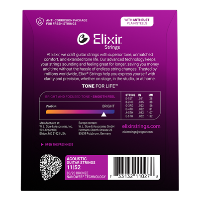Elixir 11027 Nanoweb Coated 80/20 Bronze Acoustic Guitar Strings Custom Light 11-52