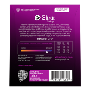 Elixir 11052 Nanoweb Coated 80/20 Bronze Acoustic Guitar Strings Light 12-53