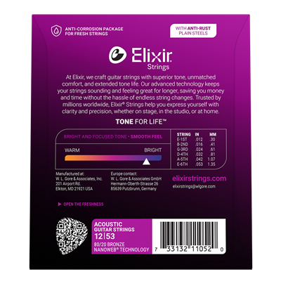 Elixir 11052 Nanoweb Coated 80/20 Bronze Acoustic Guitar Strings Light 12-53