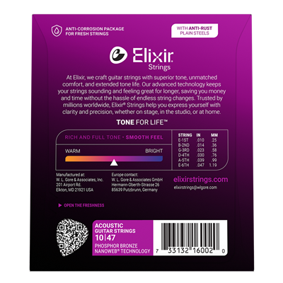 Elixir 16002 Nanoweb Coated Phosphor Bronze Acoustic Guitar Strings Extra Light 10-47